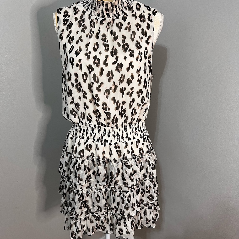 Express Printed Smocked Mock Neck Tiered Ruffle Dress